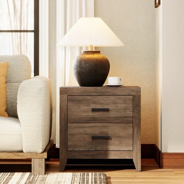 wampat farmhouse end table with 2 drawers, wood rustic sofa side table for bedroom, living room, rustic brown w06t2060r