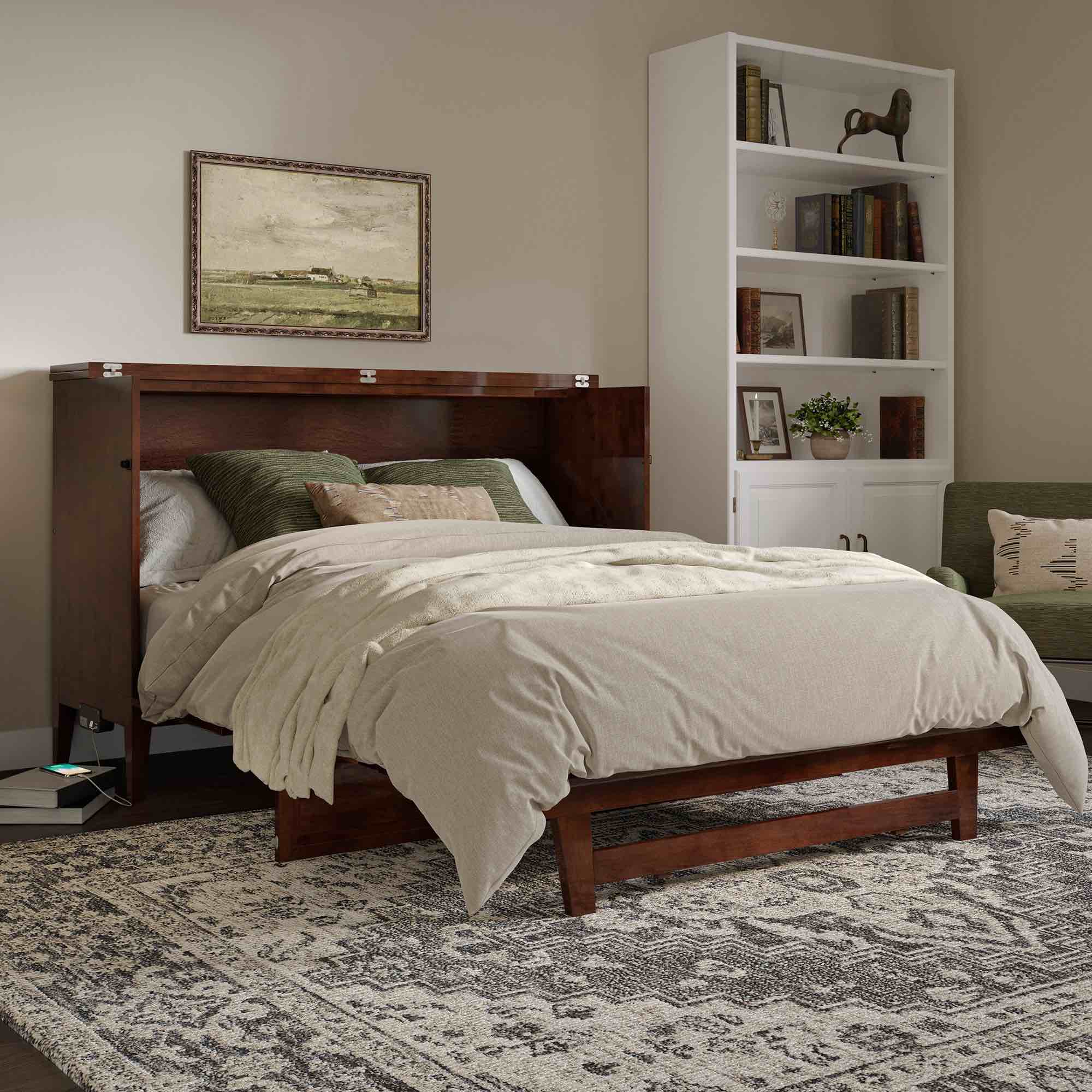SEE DESCRIPTION Santa Fe Walnut Brown Solid Wood Frame Queen Murphy Bed Chest with Mattress and Built-in Charger by AFI