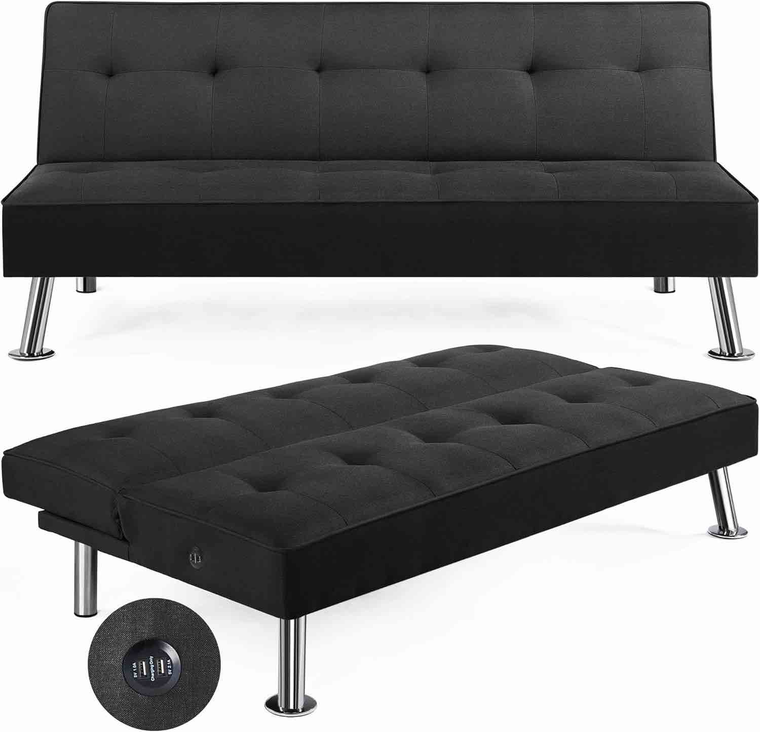 Yaheetech Convertible Futon With USB Ports 614742, Black