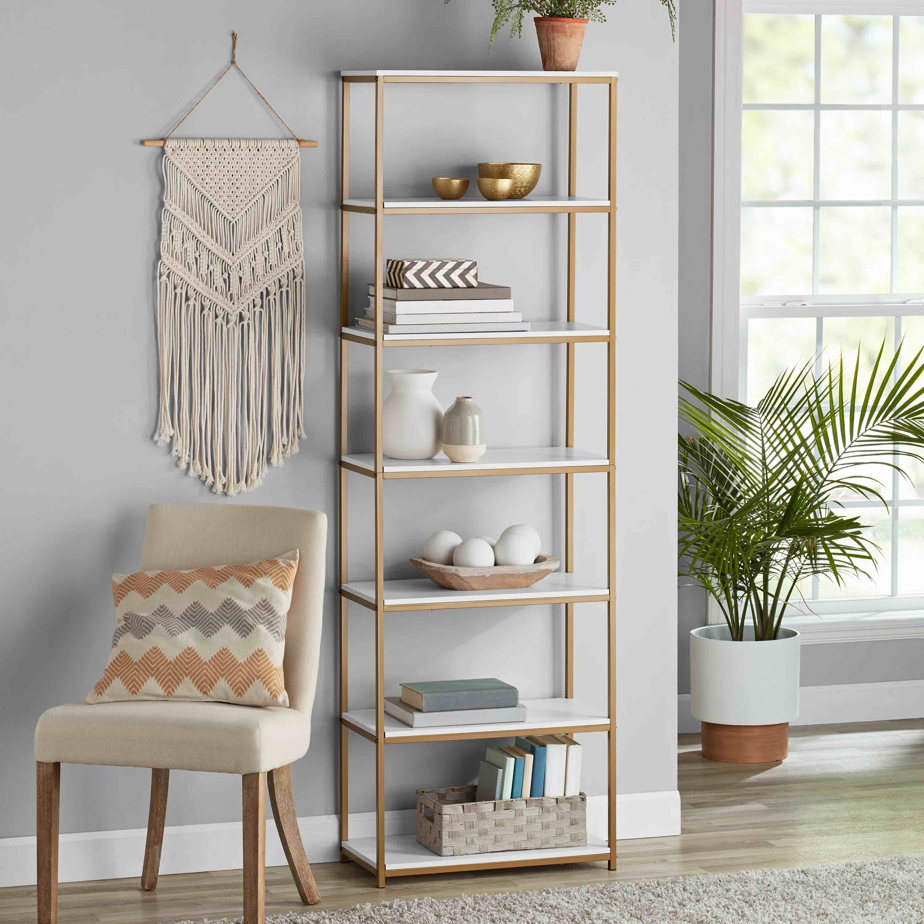 Mainstays MS61002021003GW 6-Shelf Gold Metal Frame Bookcase, White