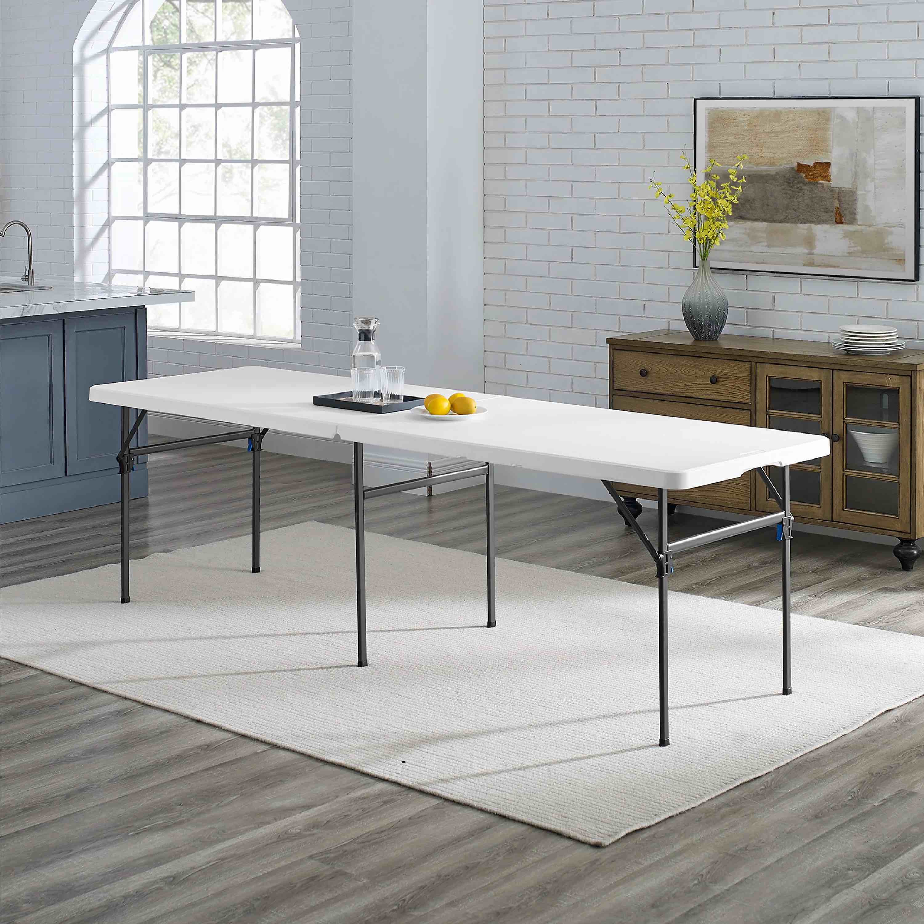 Mainstays White 8 Foot Easy Fold Folding Plastic Table, Heavy Duty, Indoor Outdoor, Scratch Resistant, Stain & UV Damage