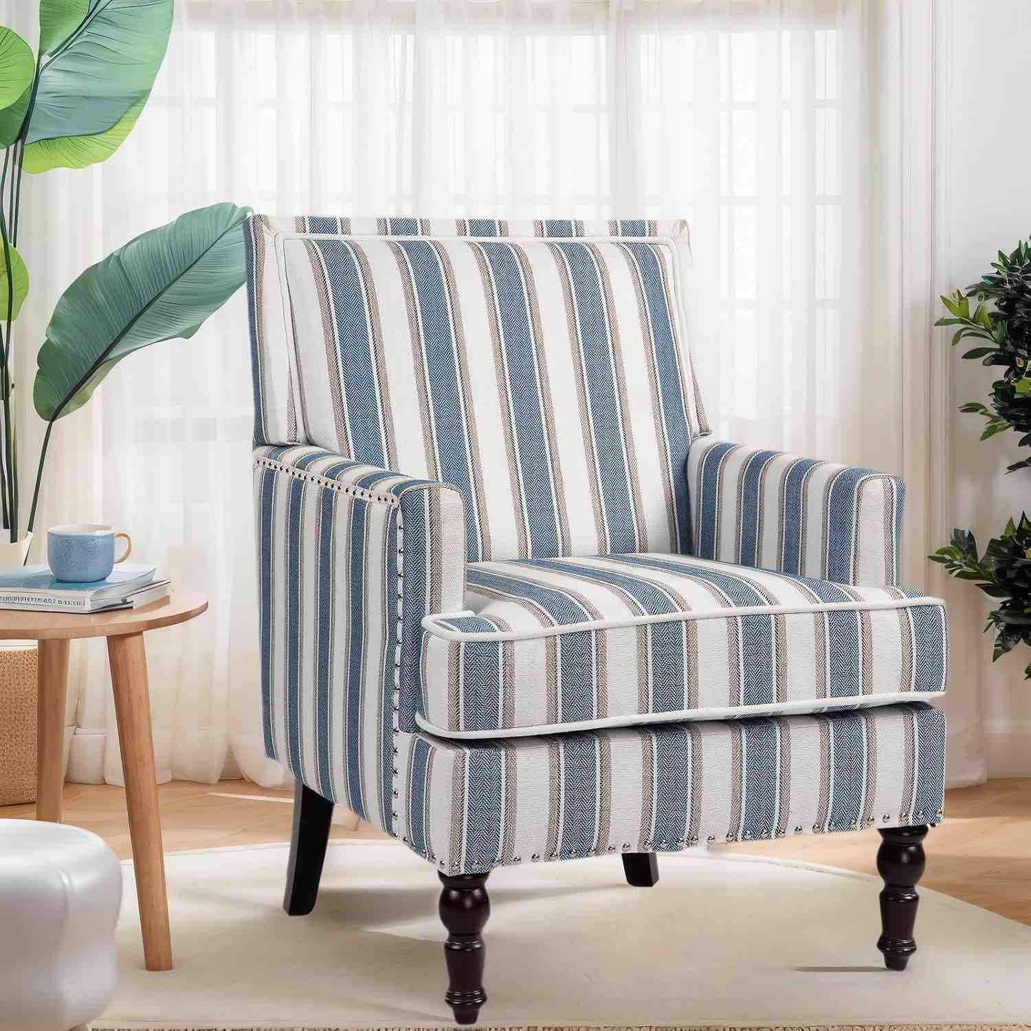 Accent Chair for Living Room, Vintage Armchair with Blue and White Striped Linen Fabric, Nailhead Trim Arm Chair Mid Century Modern Accent Chairs Comfy Chair for Apartment/Bedroom/Office/Cafe
