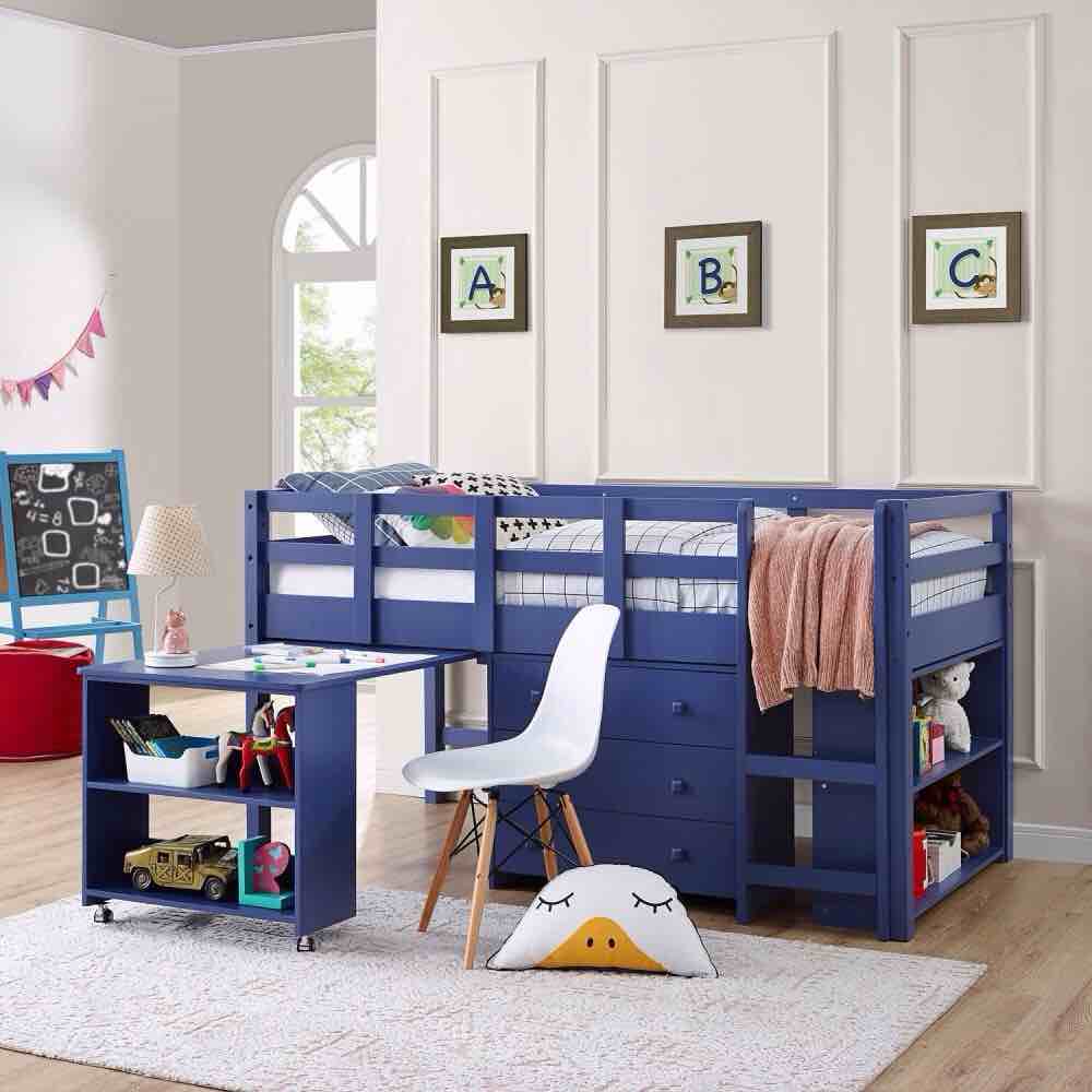 see description naomi home navy twin size loft bed with desk, bookcase shelf, cabinet ladder, and safety guard rails, navy blue