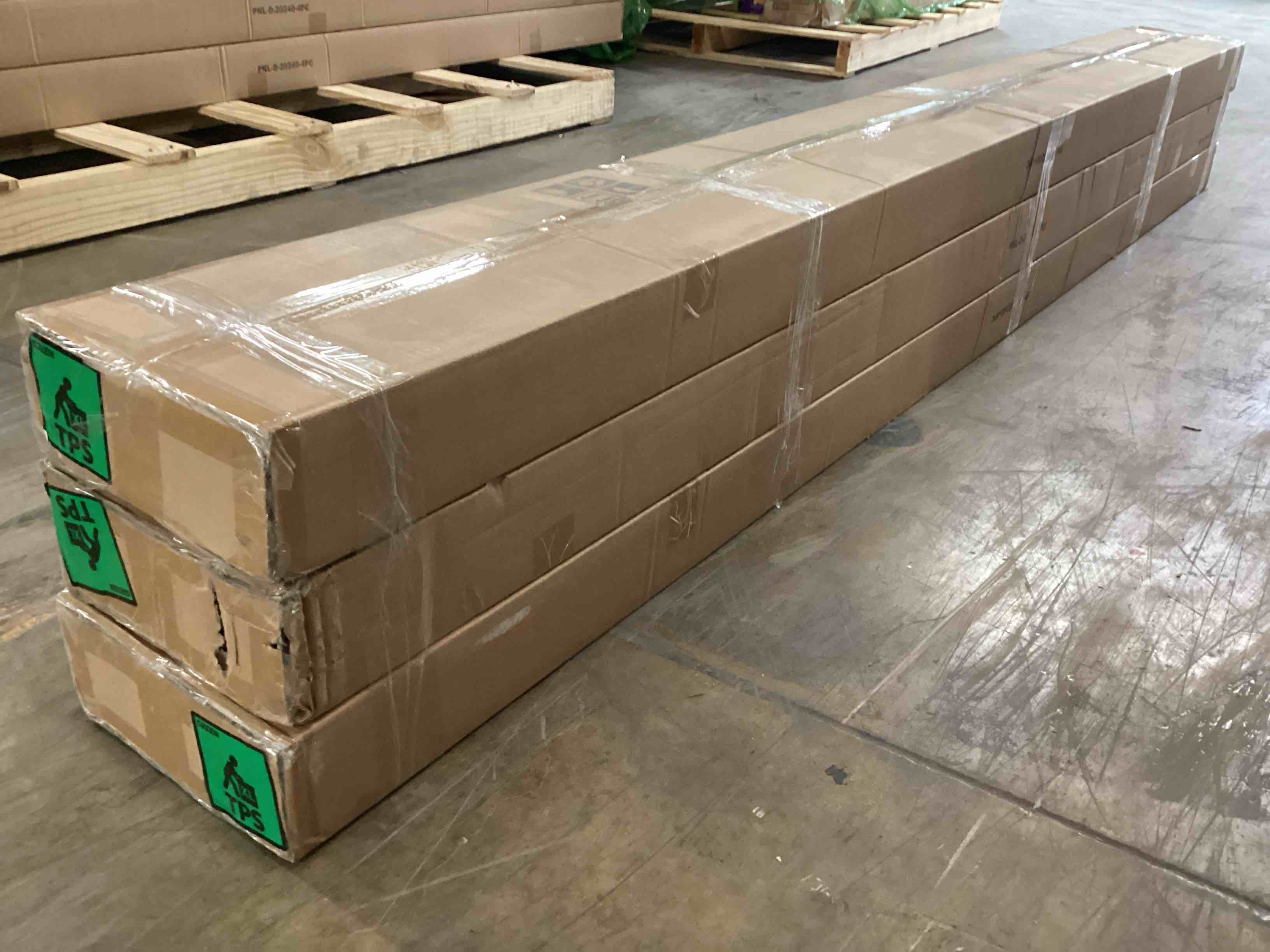 Condition photo showing New/Like New for Pack of 3 (4-Piece) Black Oak 95in x 9in Wood Slat Acoustic Panels (Total of 12 Pieces)