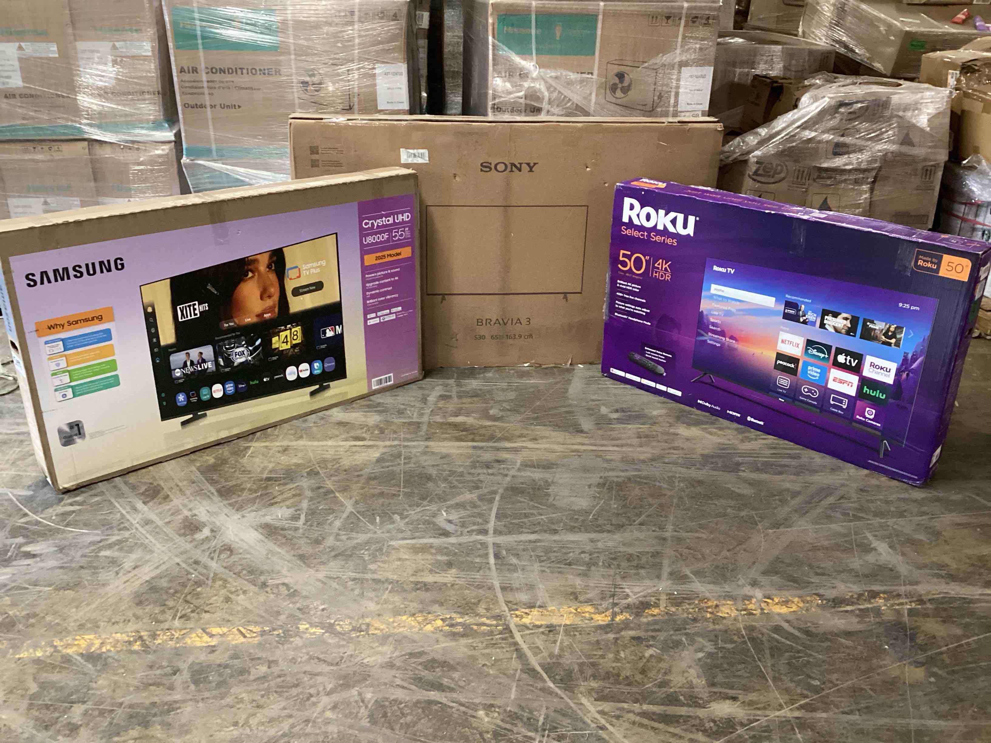 Condition photo showing As Is for 3 TVs, 50 Inches or Larger.  Brands Are Sony, Samsung, and Roku for Parts or Repair, Your Bid Per TV.