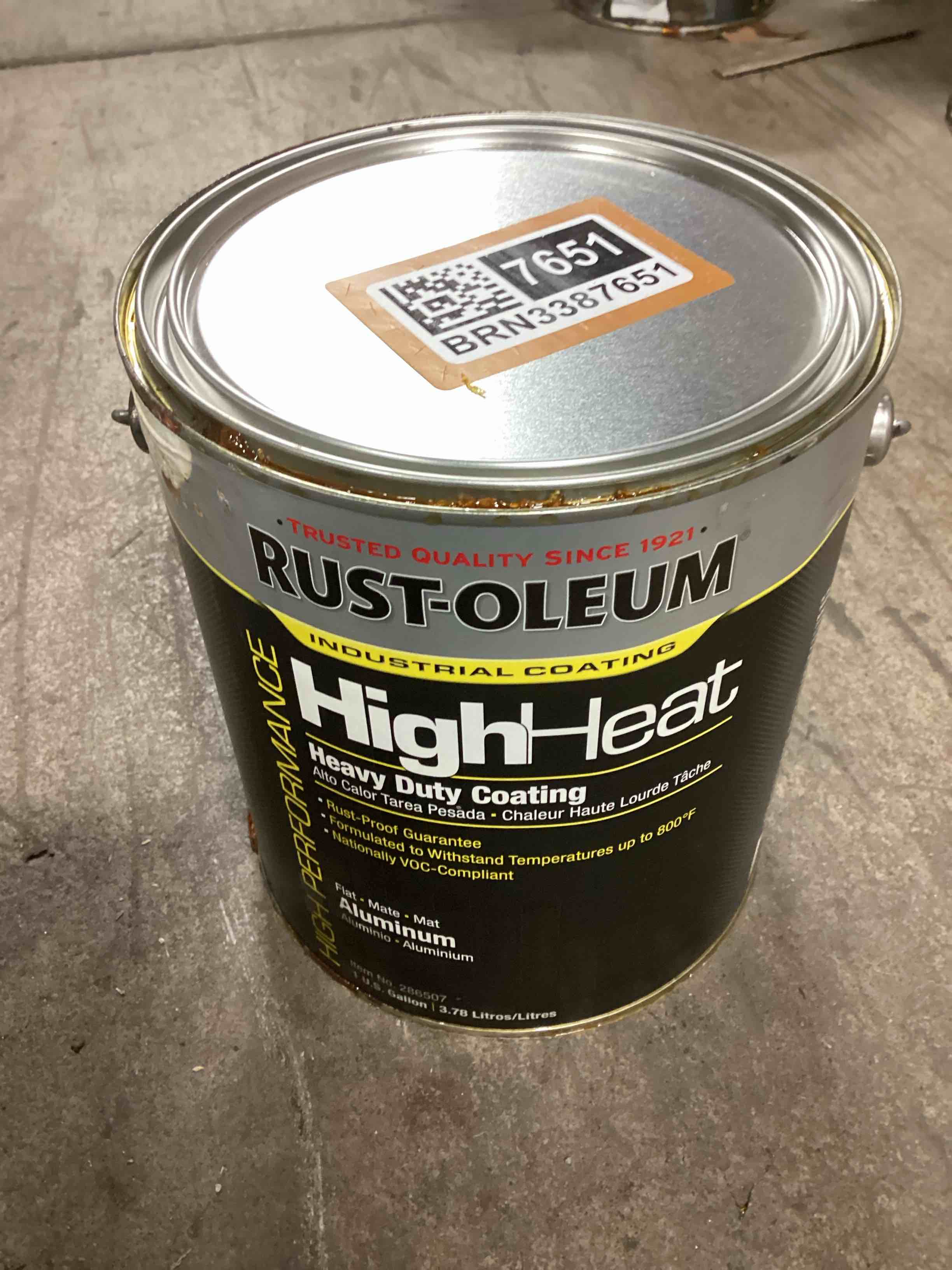 Condition photo showing As Is for Rust-Oleum High Heat Heavy Duty Aluminum Gloss 1 Gallon 