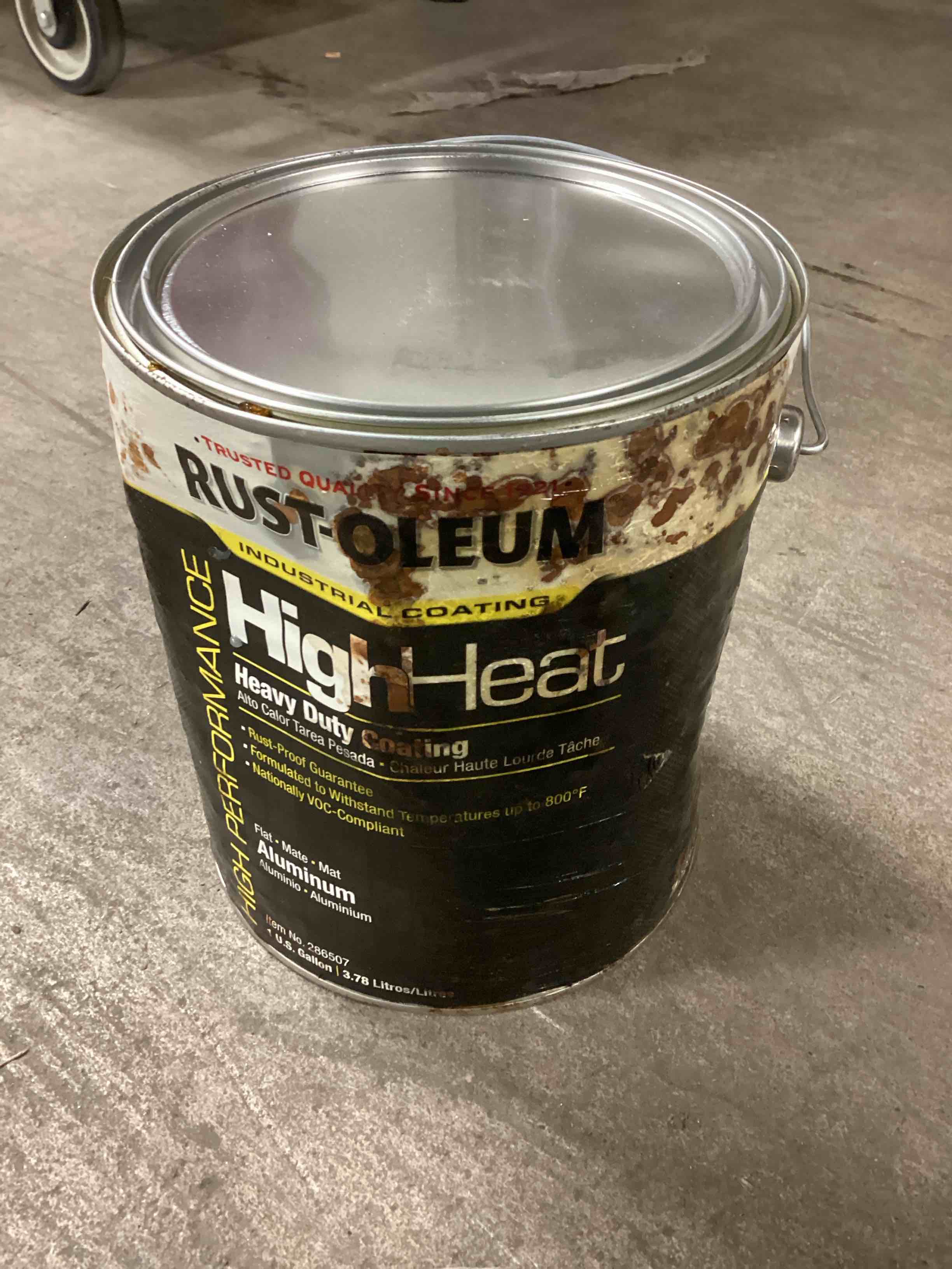Condition photo showing As Is for Rust-Oleum High Heat Heavy Duty Aluminum Gloss 1 Gallon 
