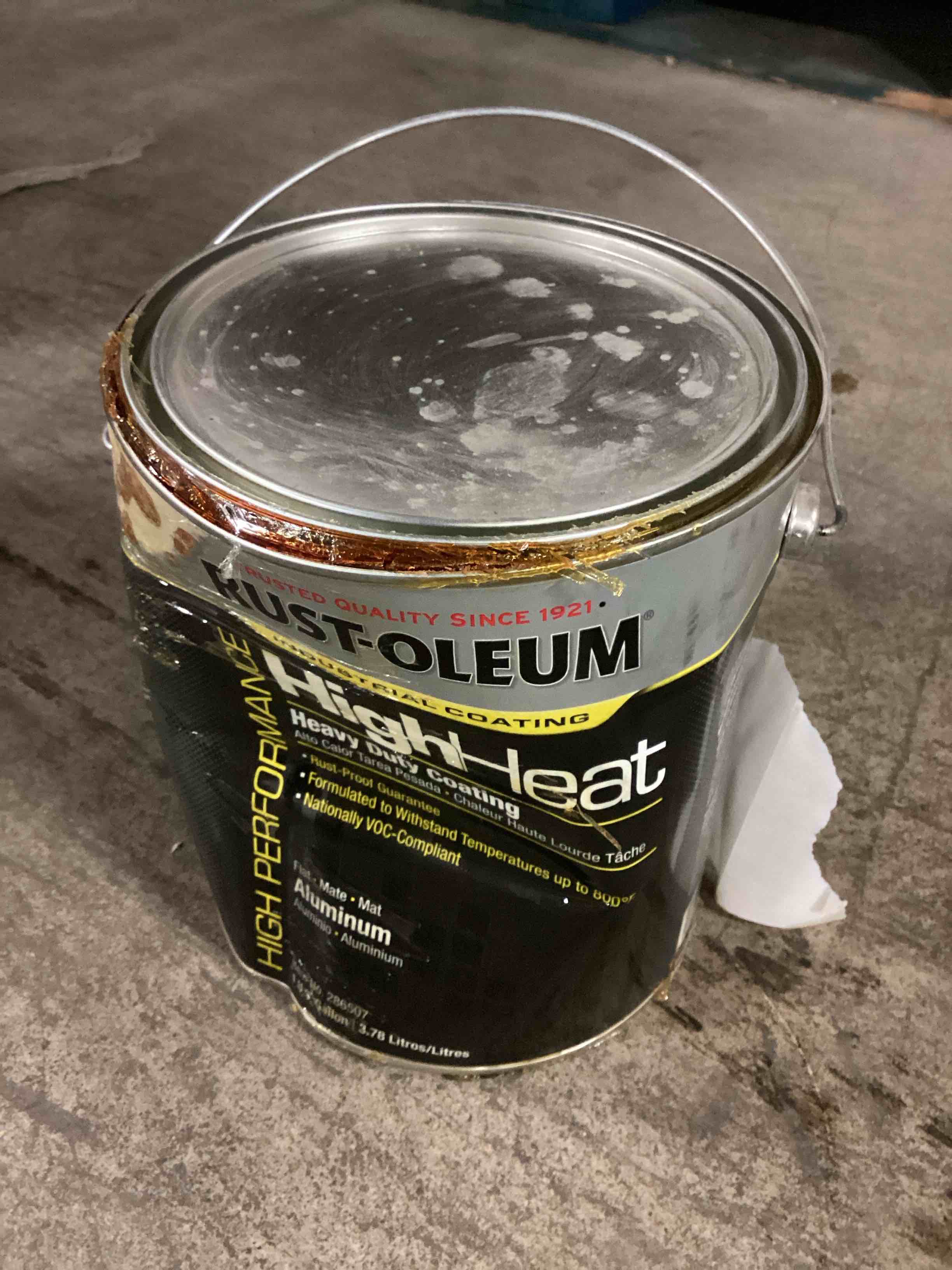Condition photo showing As Is for Rust-Oleum High Heat Heavy Duty Aluminum Gloss 1 Gallon