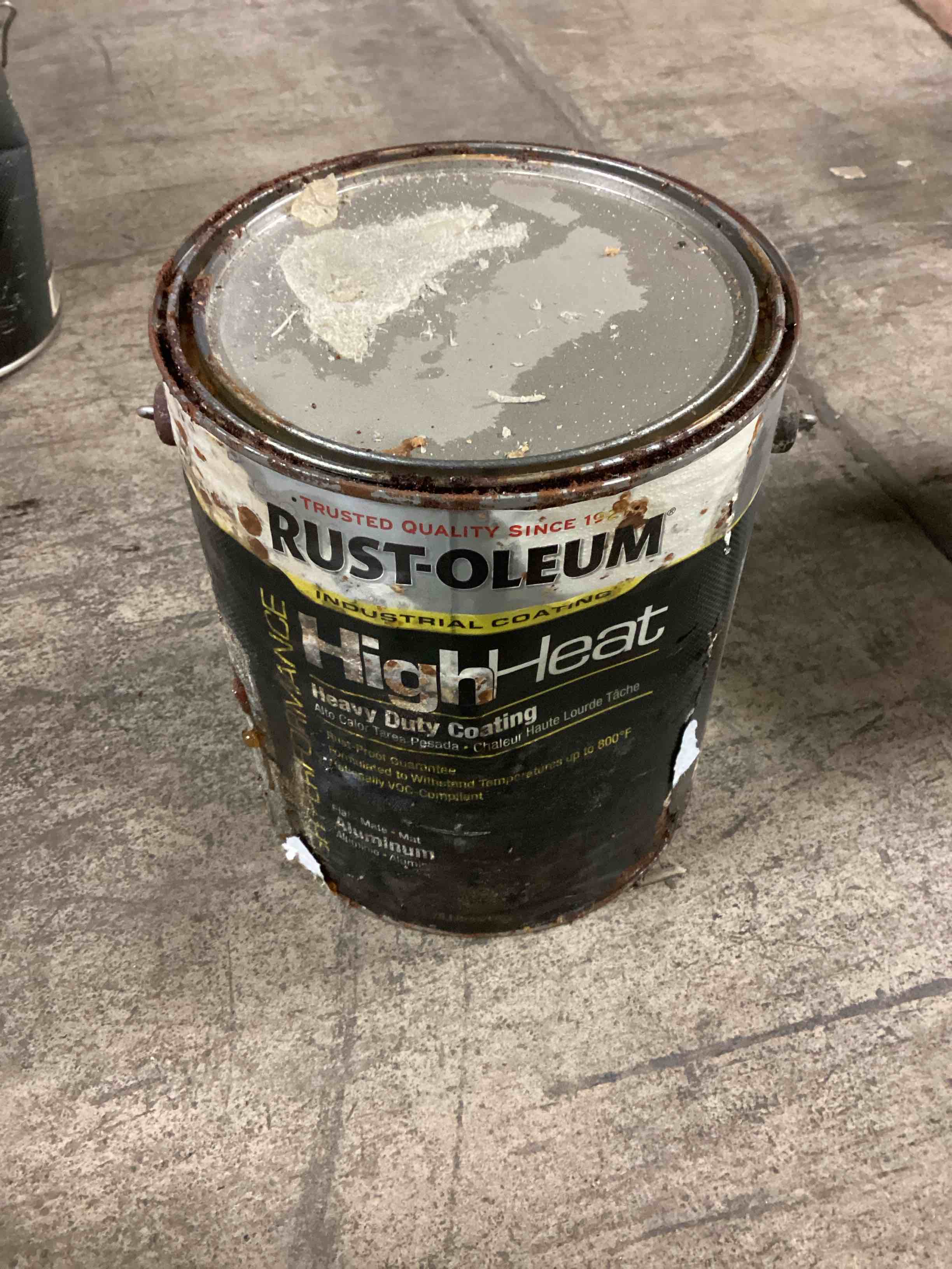 Condition photo showing As Is for Rust-Oleum High Heat Heavy Duty Aluminum Gloss 1 Gallon