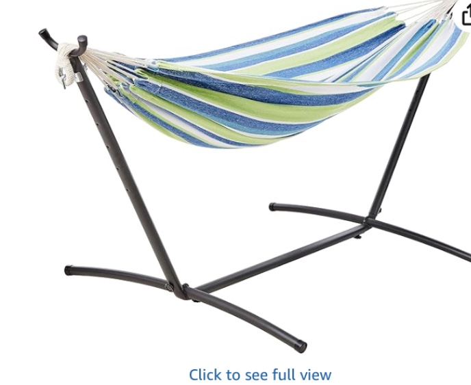 Amazon Basics Double Hammock with 9-Foot Space Saving Steel Stand and Carrying Case, 450 lb Capacity, Oasis Stripe, 110 x 47 x 43 inches