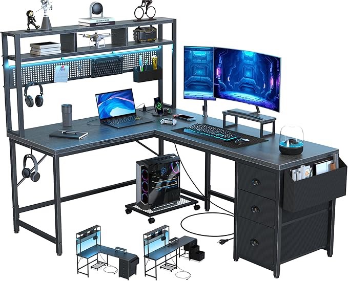 DOMICON Gaming Desk Computer Desk with Storage, L Shaped Desk with Power Outlet & LED Strip, Office Desk with Pegboard, Corner deck for Home Office Black