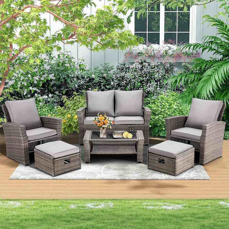 6 Pieces Patio Furniture Set, Outdoor Sectional Conversation Rattan Sofa Set with Ottoman and Outdoor Storage Table for Garden, Porch, Backyard, Khaki (only box 2 of 2)