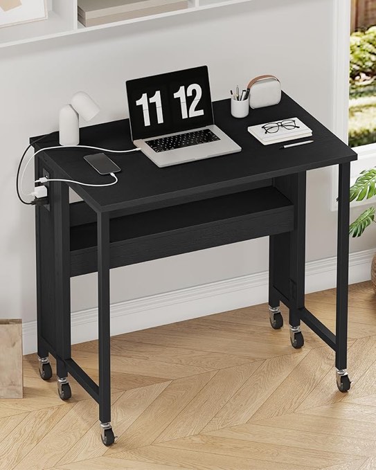 31.5" Modern Folding Computer Desk with Power Outlets, Wheels, Storage, Perfect for Small Spaces Black and brown(stock photo color not same)