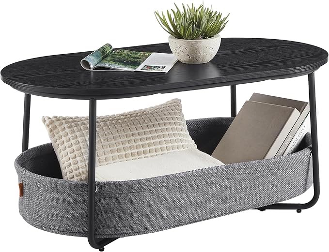 VASAGLE LCT222B56 Oval Coffee Table with Storage Space Side Table Living Room Table with Fabric Basket Modern Metal Frame Ink Black Slate Grey