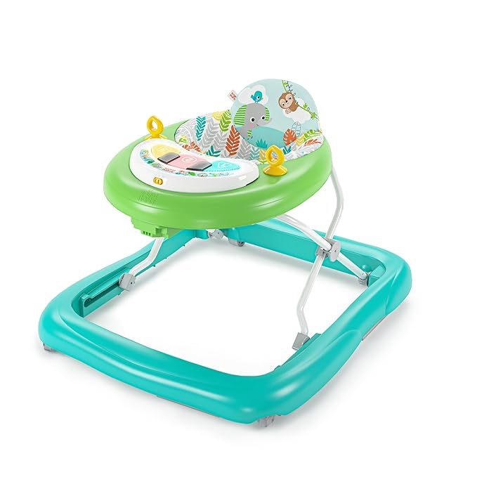 Bright Starts Tiny Trek 2-in-1 Baby Activity Walker with -Toy Station, Adjustable Height and Easy-Fold Frame, Jungle Vines Age 6 Months+