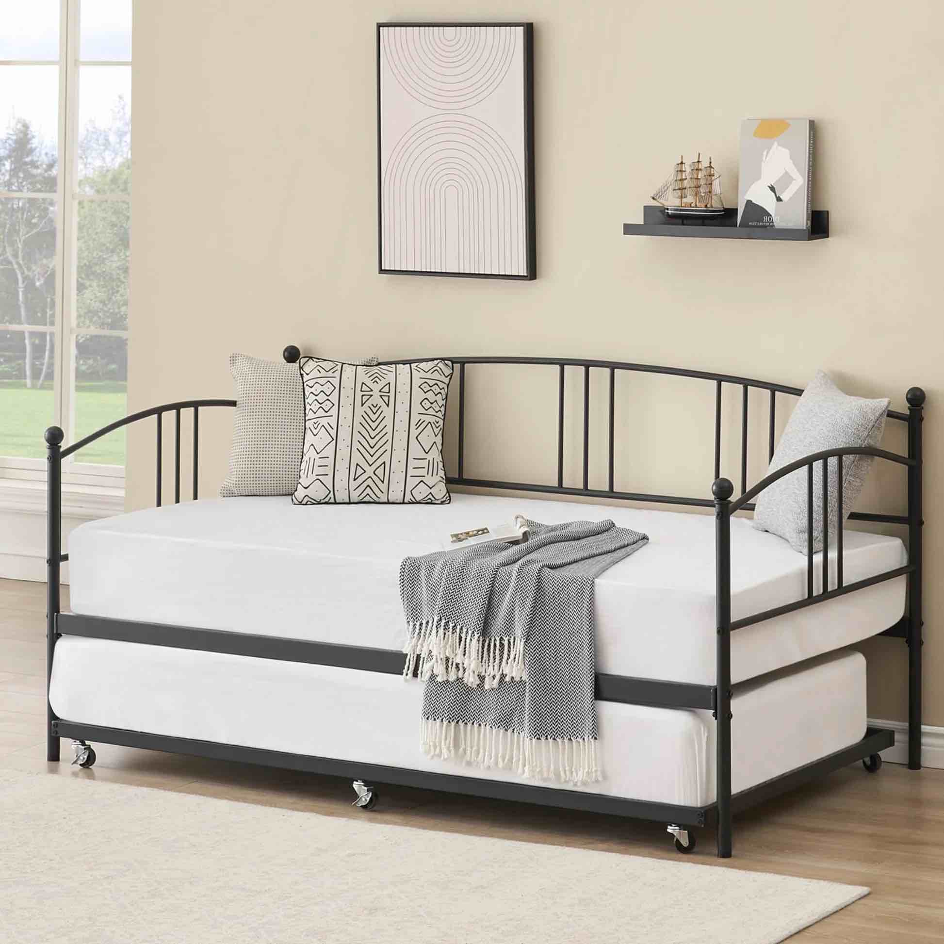 Garvee Twin Size Metal Daybed Frame with Pullout Trundle 6 Casters, Steel Slat Support Guest Sofa Bed for Living Room, Bedroom, Apartment, No Box Spring Needed (Black) PHO_108JXULZ