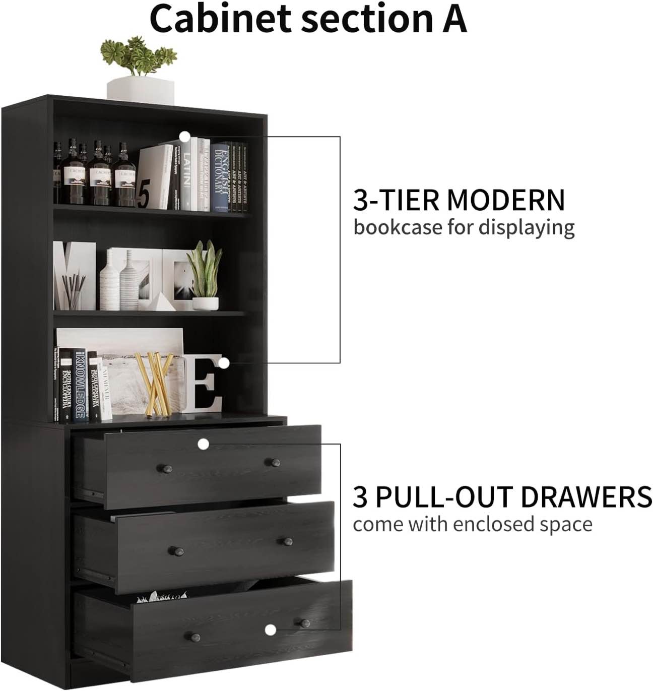 Vertical File Cabinet, 3-Tier Modern Bookshelf with 3 Large Drawer, Wood Filing Cabinet with Open Storage Shelf, Glass Doors and Adjustable Shelves for Home Office, Black 