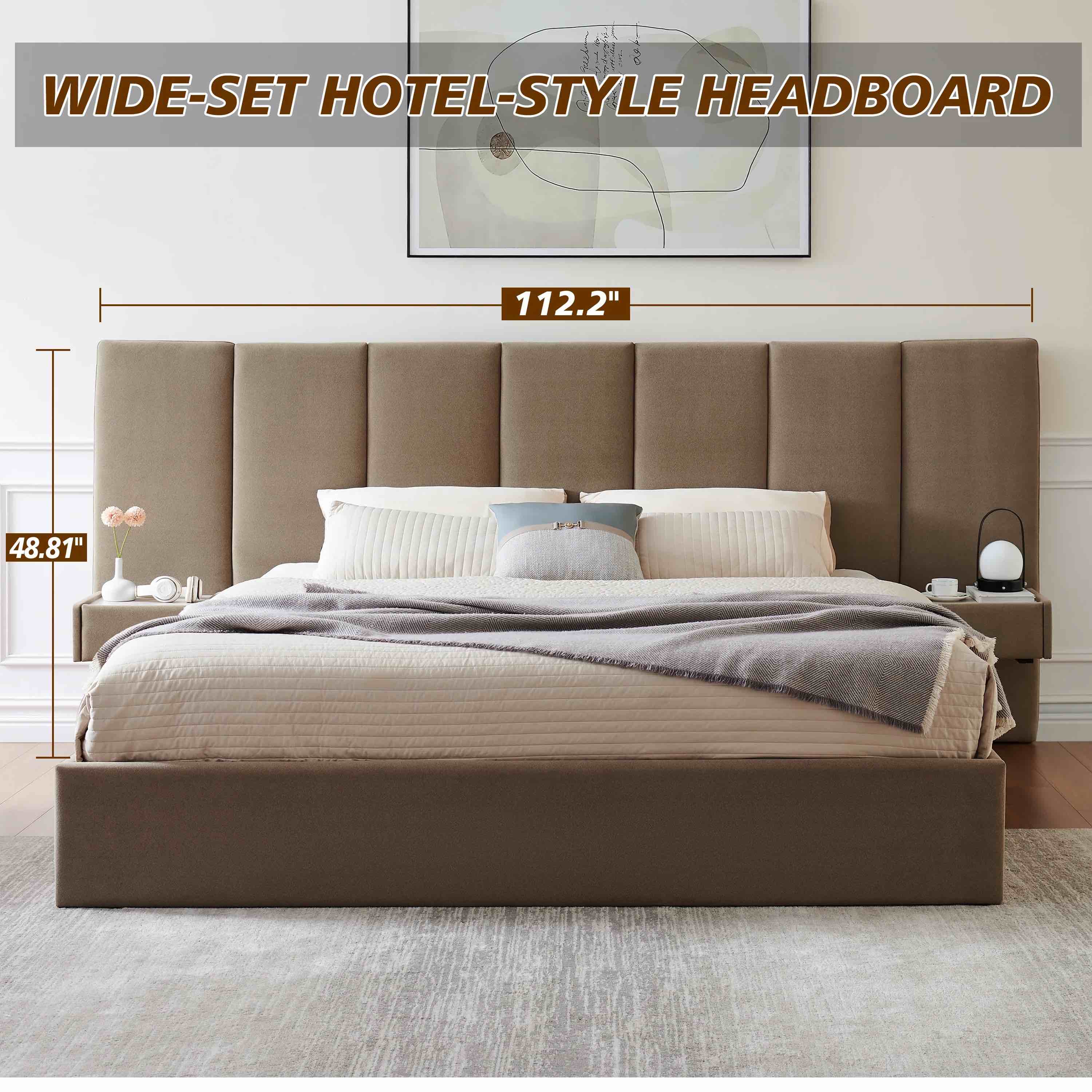 SEE DESCRIPTION King Size Upholstered Platform Bed Frame with Lift up Storage, Velvet Headboard & Built-in Nightstands, No Box Spring Needed, Brown