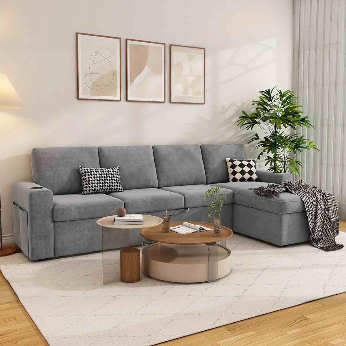 SEE DESCRIPTION Hatuner 100.5'' Upholstered Sleeper Sofa, L-Shaped Sofa Bed with Storage Chaise, Light Grey 