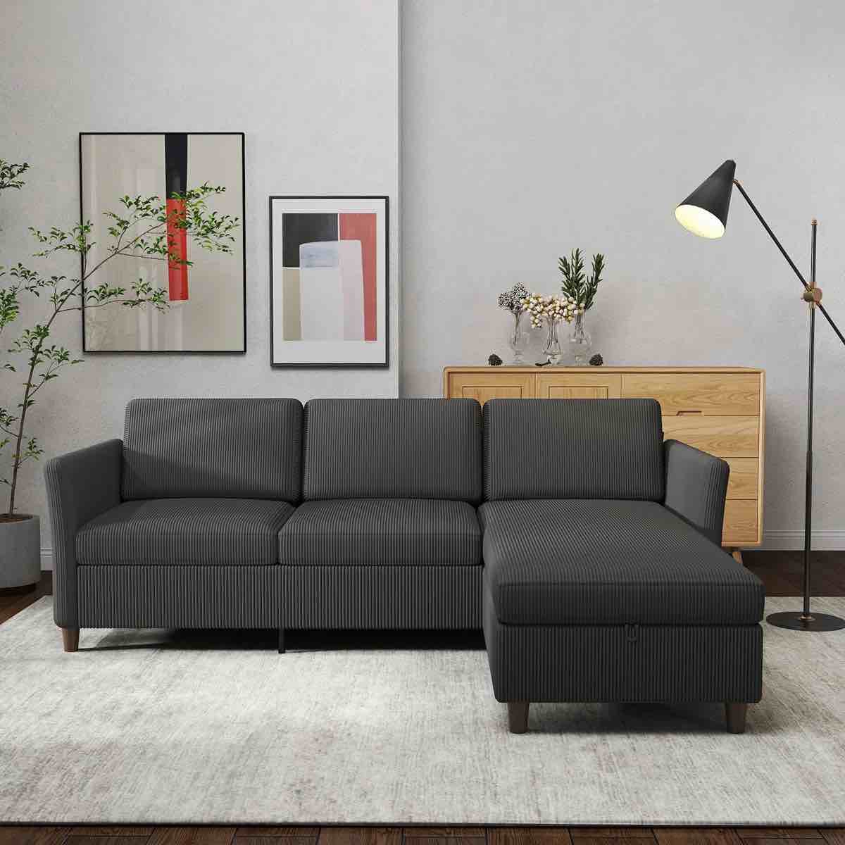 SEE DESCRIPTION NY 88.5'' W Corduroy Sectional L-Shape Sofa With Adjustable Chaise & Storage – Removable Washable Covers, Solid Wood Legs By George Oliver