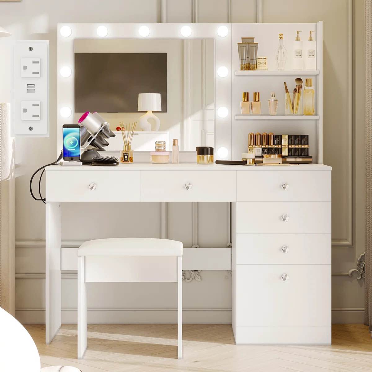 Greyden Makeup Vanity with Lighted Mirror, Outlets and 6 Drawers By Latitude Run®
