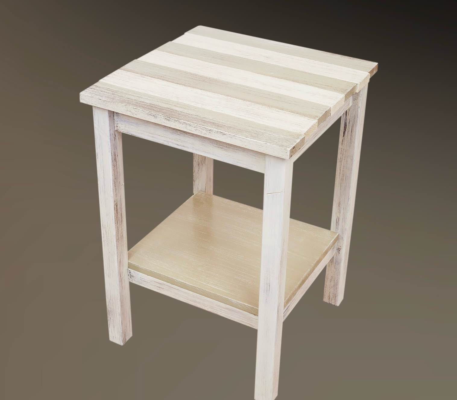 Wood End Table with Cottage Shoreline Striped Deckboard Top and Bottom Shelf