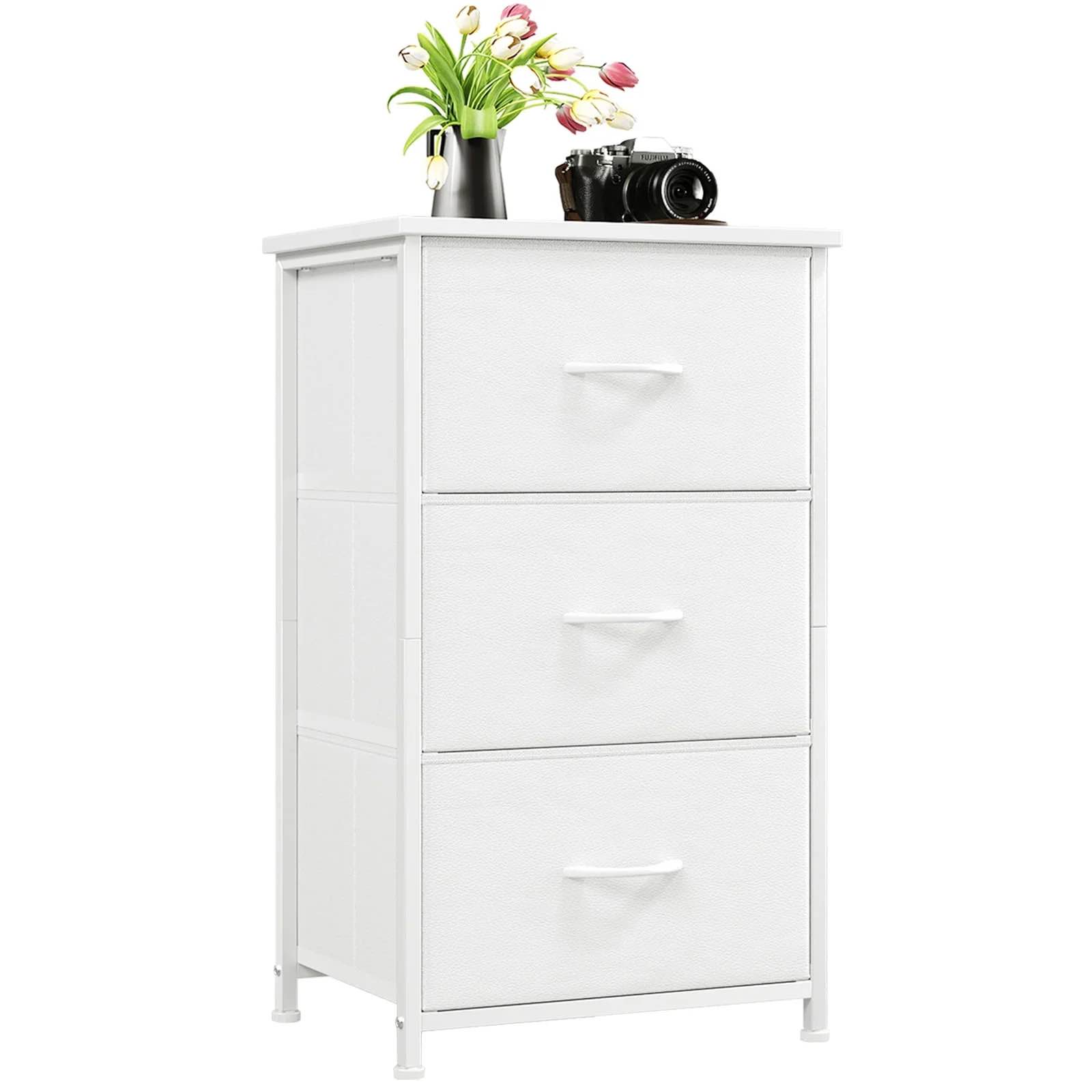 LGS313W01S SONGMICS Dresser for Bedroom, Chest of Drawers, Nightstand, Steel, MDF, 3 Non-Woven Fabric Drawers, Storage Organizer Unit, Closet, Entryway, Cloud White and Snow White