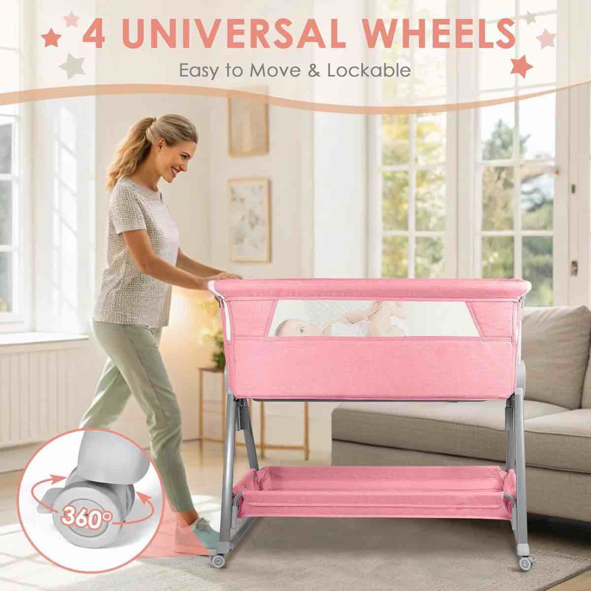 KSF8828 Baby Bassinet And Bedside Sleeper For Baby , 7 Height Adjustable Bedside Bassinet With Wheels By Suteck