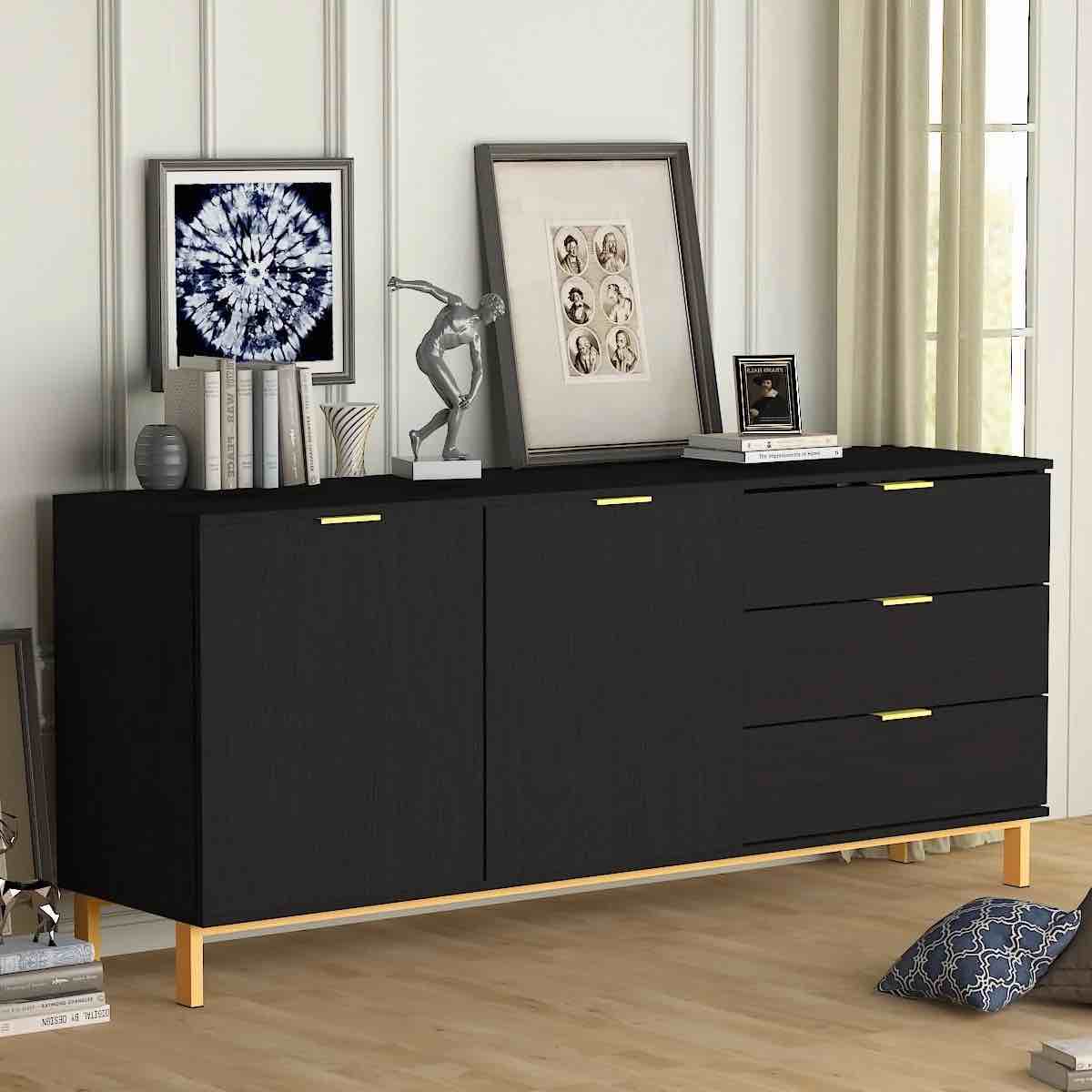 KULAGAGA Console Table with Storage and Drawers, Modern Wood Entryway Console Table with 2 Cabinet Doors, Black
