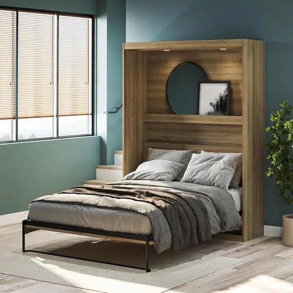 Signature Sleep Impressions Full Murphy Bed with Gallery Shelf & Touch Sensor LED Lighting, Natural