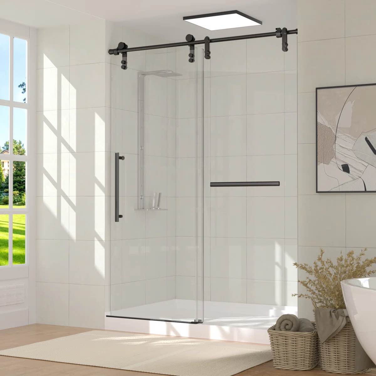 SEE DESCRIPTION Frameless Sliding Glass Shower Door 56-60" W × 75.5" H Tempered Glass With Stainless Steel Hardware G023-SD6075-Black By Haxvin