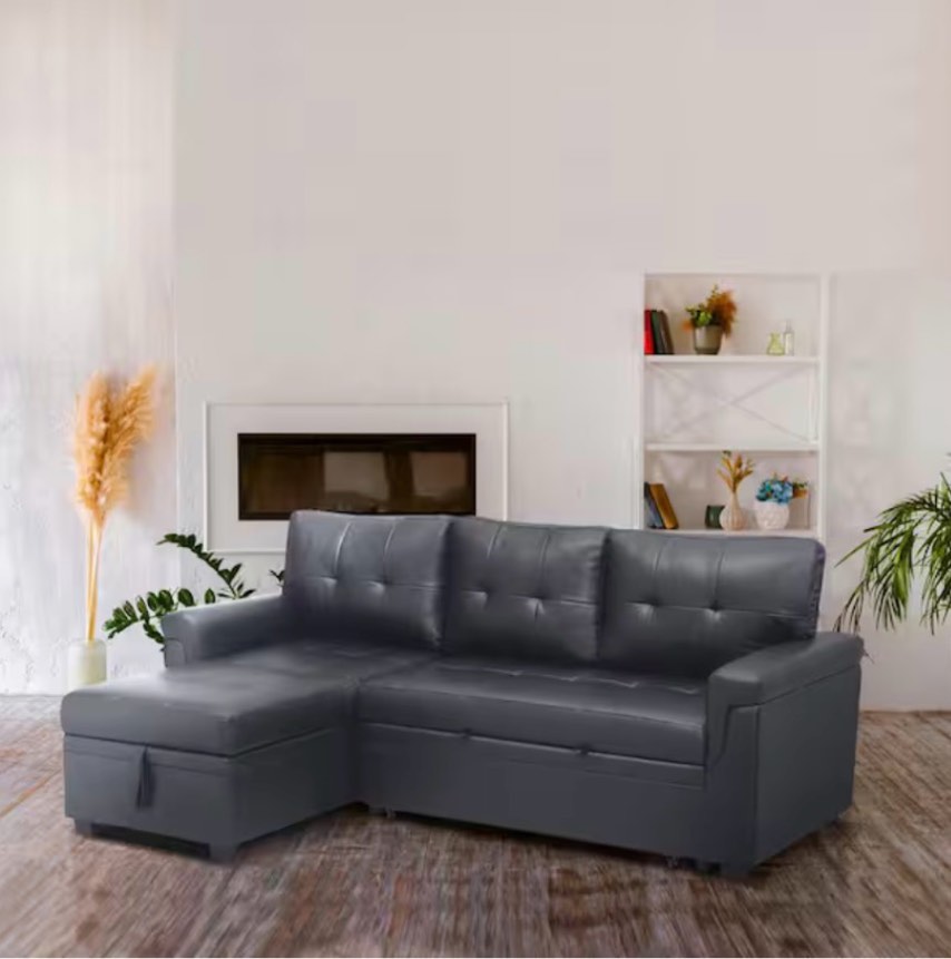 SEE DESCRIPTION 84.64 in. W Dark Gray, Reversible Faux Leather Sleeper Sectional Sofa Storage Chaise Pull-Out Convertible Sofa Dark Gray by HOMESTOCK