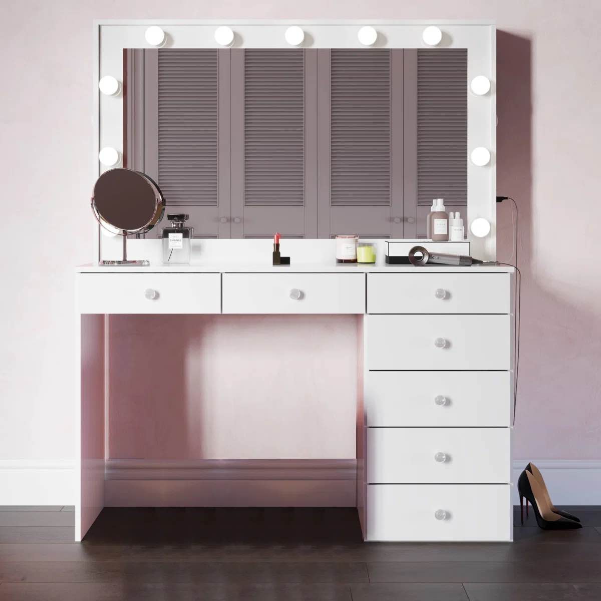 SEE DESCRIPTION Boahaus Sara Makeup LED Lighted Vanity With Bluetooth Speakers, And 7 Drawers By Boahaus LLC