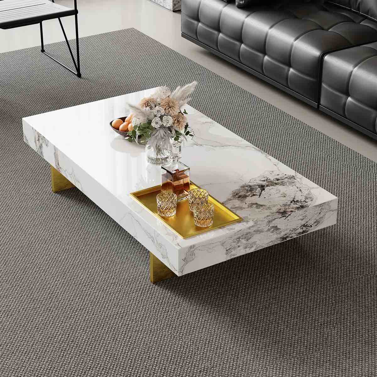 51" Modern Rectangular Coffee Table, Glossy Faux Marble Table top, Stainless Steel Legs By Everly Quinn
