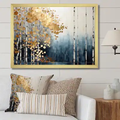 Designart "Minimalism Blue And Gold Forest " Forest Framed Canvas Art Print