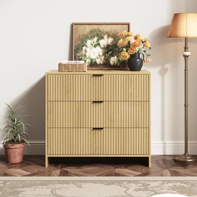 Fluted Dresser, Modern Chest of Drawers with 3 Drawers, Natural Oak