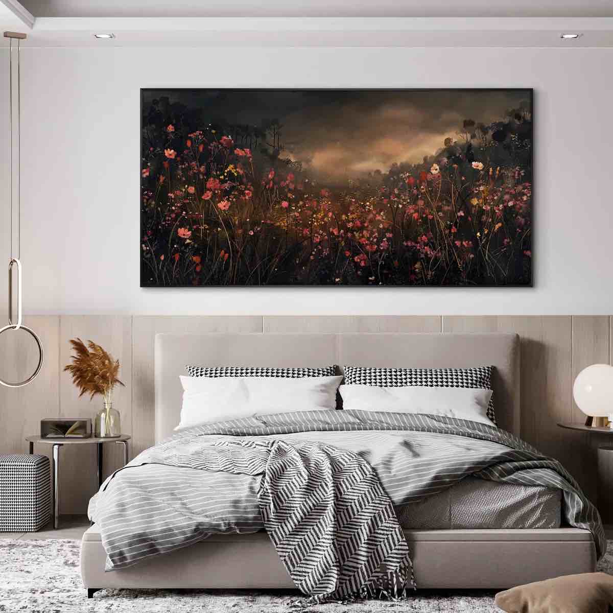 Moody Wildflower Meadow in Dark Tones Illustrations Extra Large Framed Wall Art Print Decor (Frame Assembly Required) By SIGNLEADER