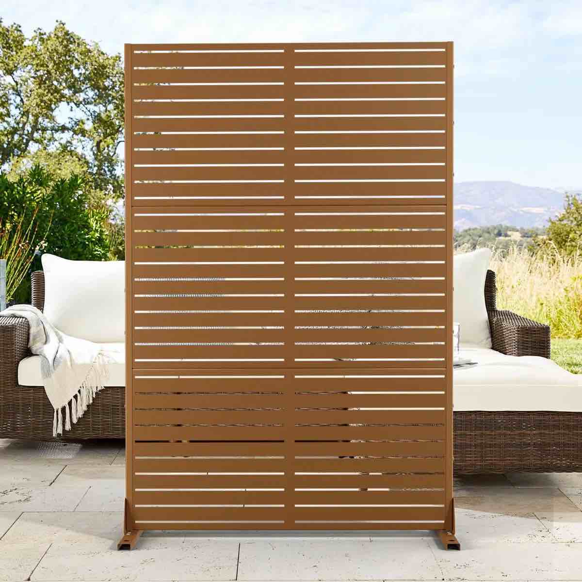 72" H x 47" W Metal Privacy Screen, Outdoor Privacy Screens - Decorative Outdoor Divider with Stand, Outdoor privacy Panels for Balcony & Patio , Brown By UFURYRIDE
