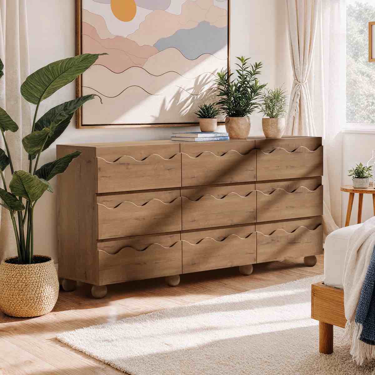 9 Drawer 63" W Circular Ripple Dresser, Natural By Dovecove