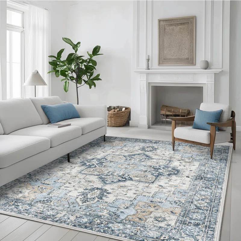 Rectangle 9' x 12' Roehit Oriental Performance Machine Washable Blue / Ivory Area Rug See More by Bungalow Rose