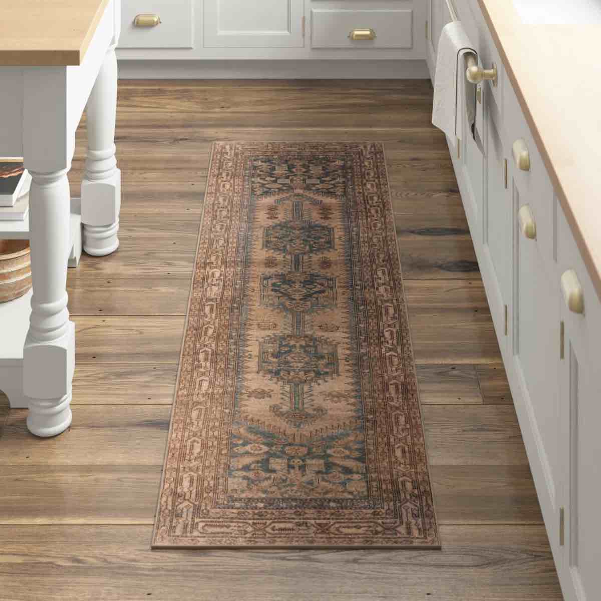 Rectangle 3' x 8' Machine Washable Oriental Machine Woven Polyester Area Rug in Brown/Blue