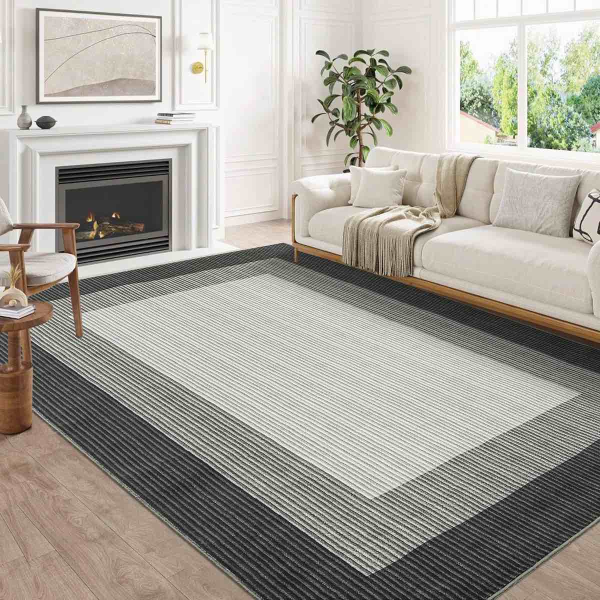 Rectangle 8' x 10' Modern Striped Bordered Printed (Not Woven)Rugs for Living Room Bedroom Decor Washable Low Pile Laundry Rug Simple Neutral Carpet for Office Home Decor By Ebern Designs