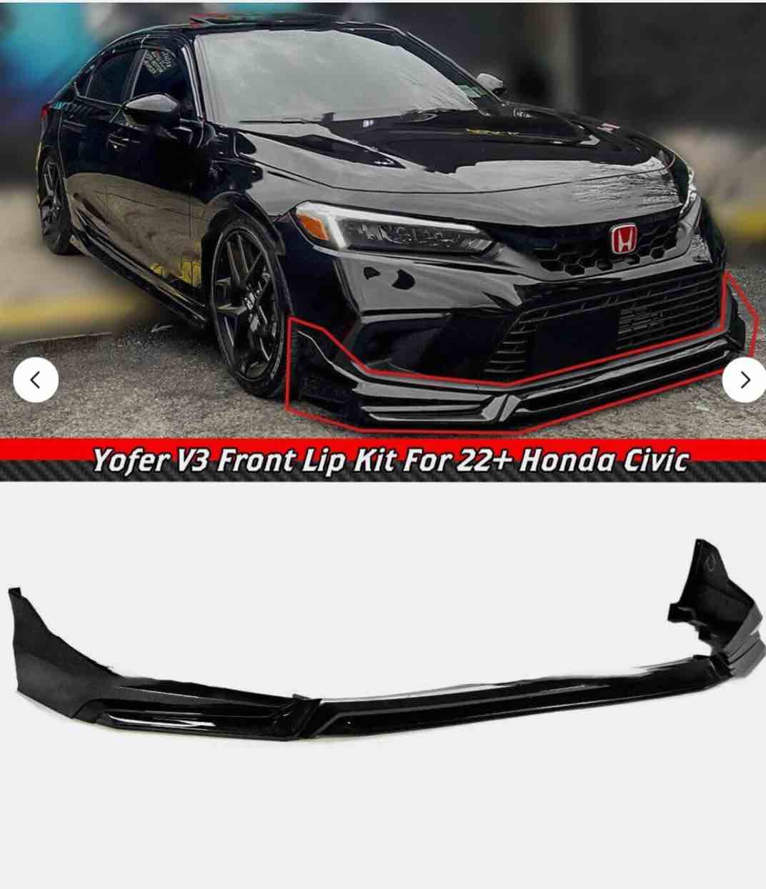 4P Yofer V3 Glossy Black Front Bumper Lip Splitter Kit For 2022-2024 Honda Civic