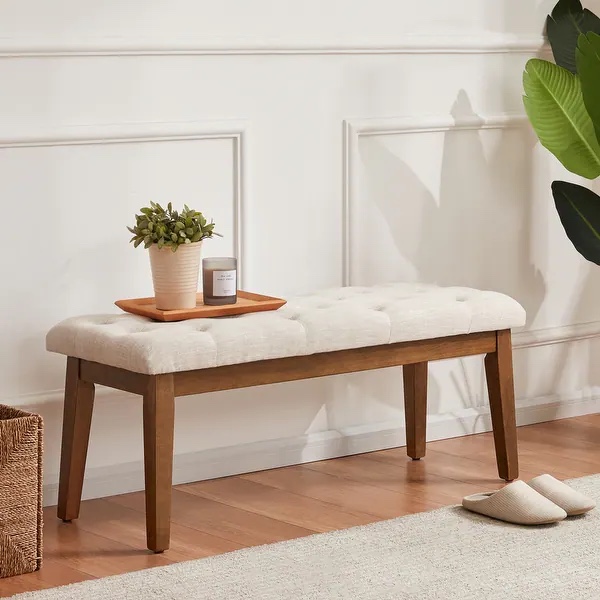 Button-Tufted Bench for End of Bed, Entryway Bench Beige/ Black/ Brown Solid Wood, Leather, Fabric 44-inch - Beige