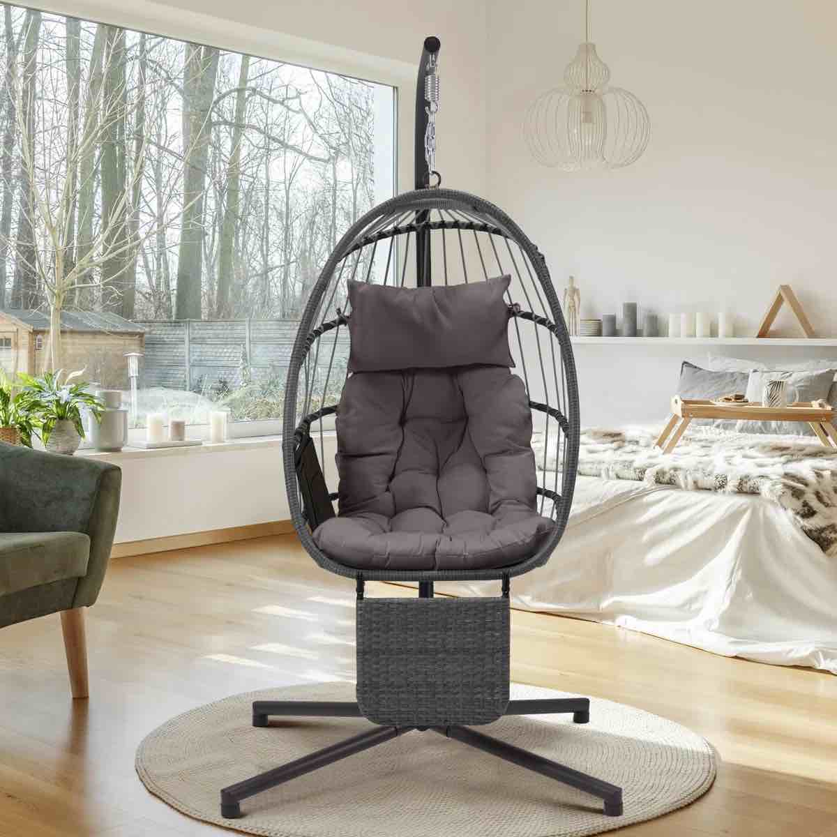 LYOT111GY Hanging Egg Chair with Stand & Removable Leg Rest, Hammock Chair for Patio, Bedroom