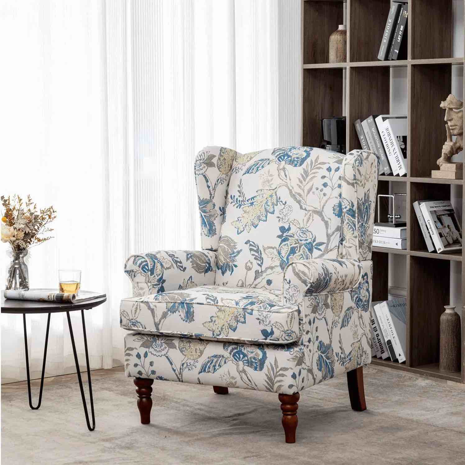 BCAG020BU Hommow Upholstered Accent Chair, Floral Print Fabric Armchair,Blue
