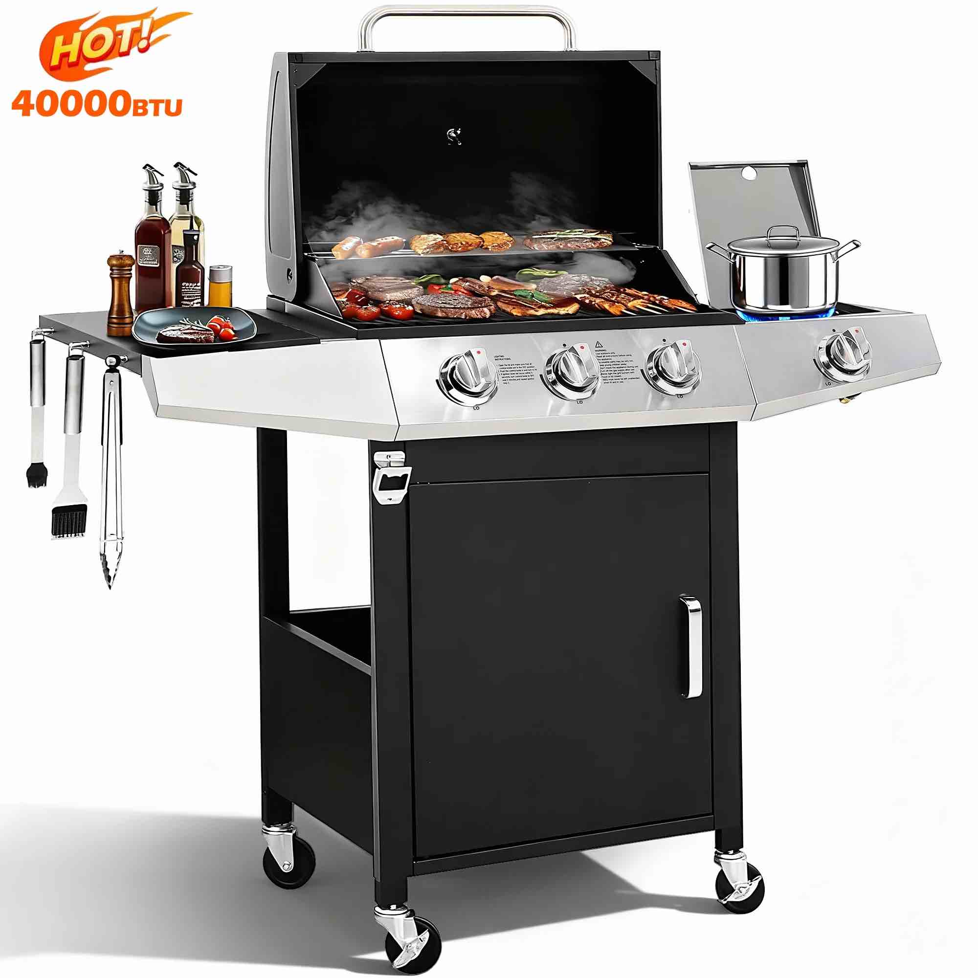 bbq grill, seizeen gas grill with side burner, 40,000btu 3-burner propane grill w/storage cabinet, steel brush, stainless steel camping for backyard patio, portable design on wheels hsgt301-b1