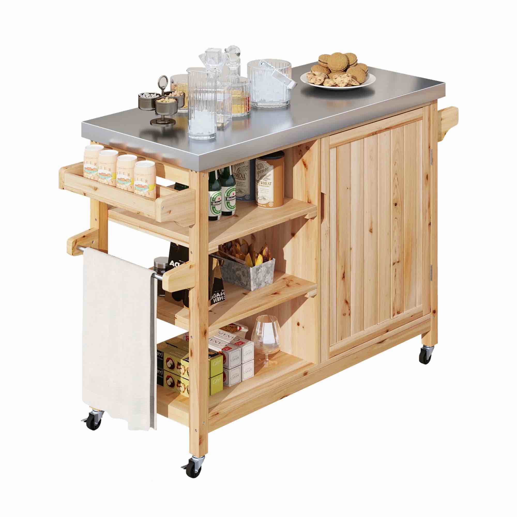 WYXZOT66MS Uforic Outdoor Grill Table Solid Wood Storage Cabinet, Rolling Kitchen Island, Movable Bar Cart with Stainless Steel Top