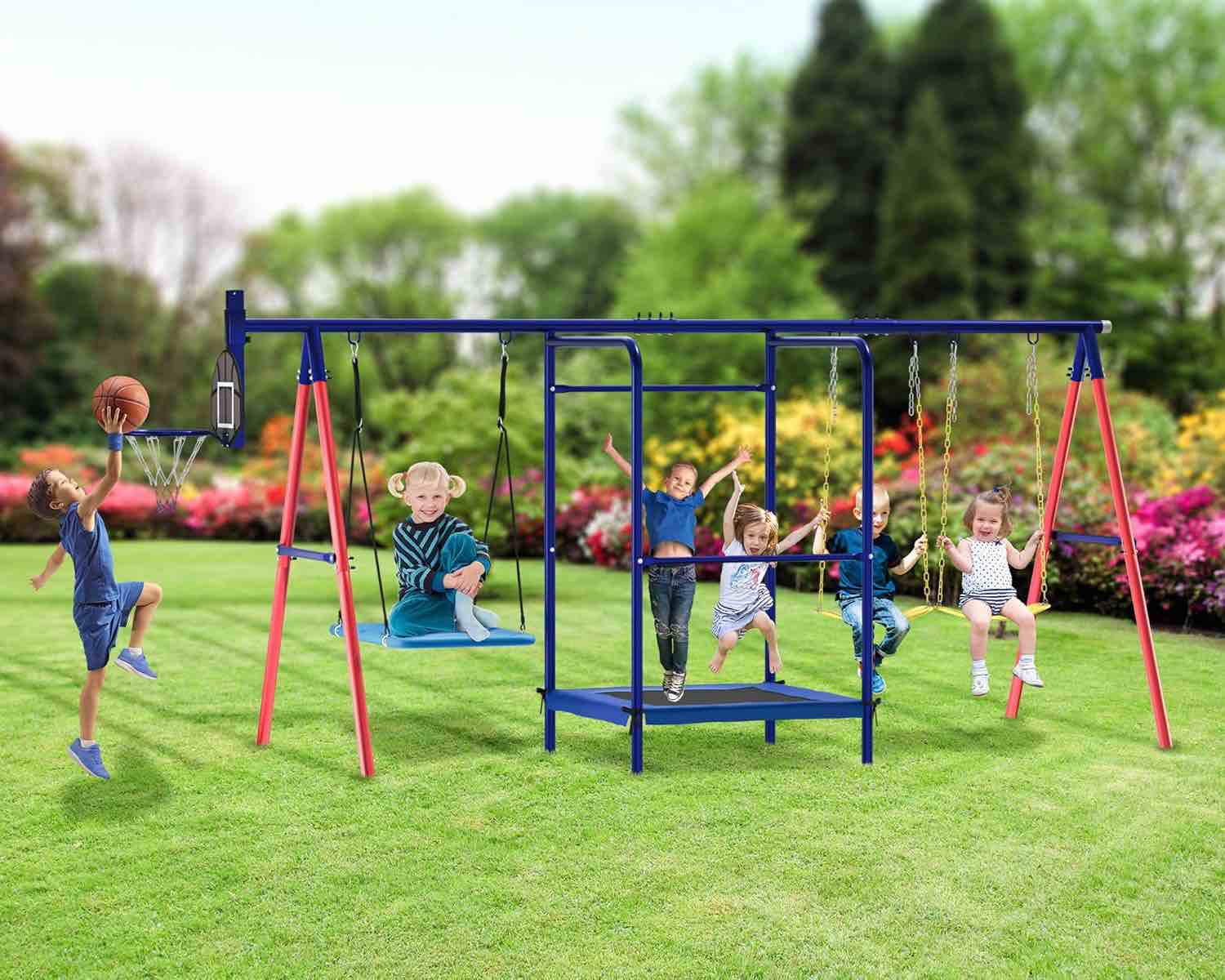 YOXZOT058BU Swing Sets for Backyard, 5-in-1 Toddler Swing Set Outdoor for Backyard for Kids 3-12, Heavy Duty Extra Large Kids Metal Swing Set with 3 Swings Trampoline Basketball Hoop
