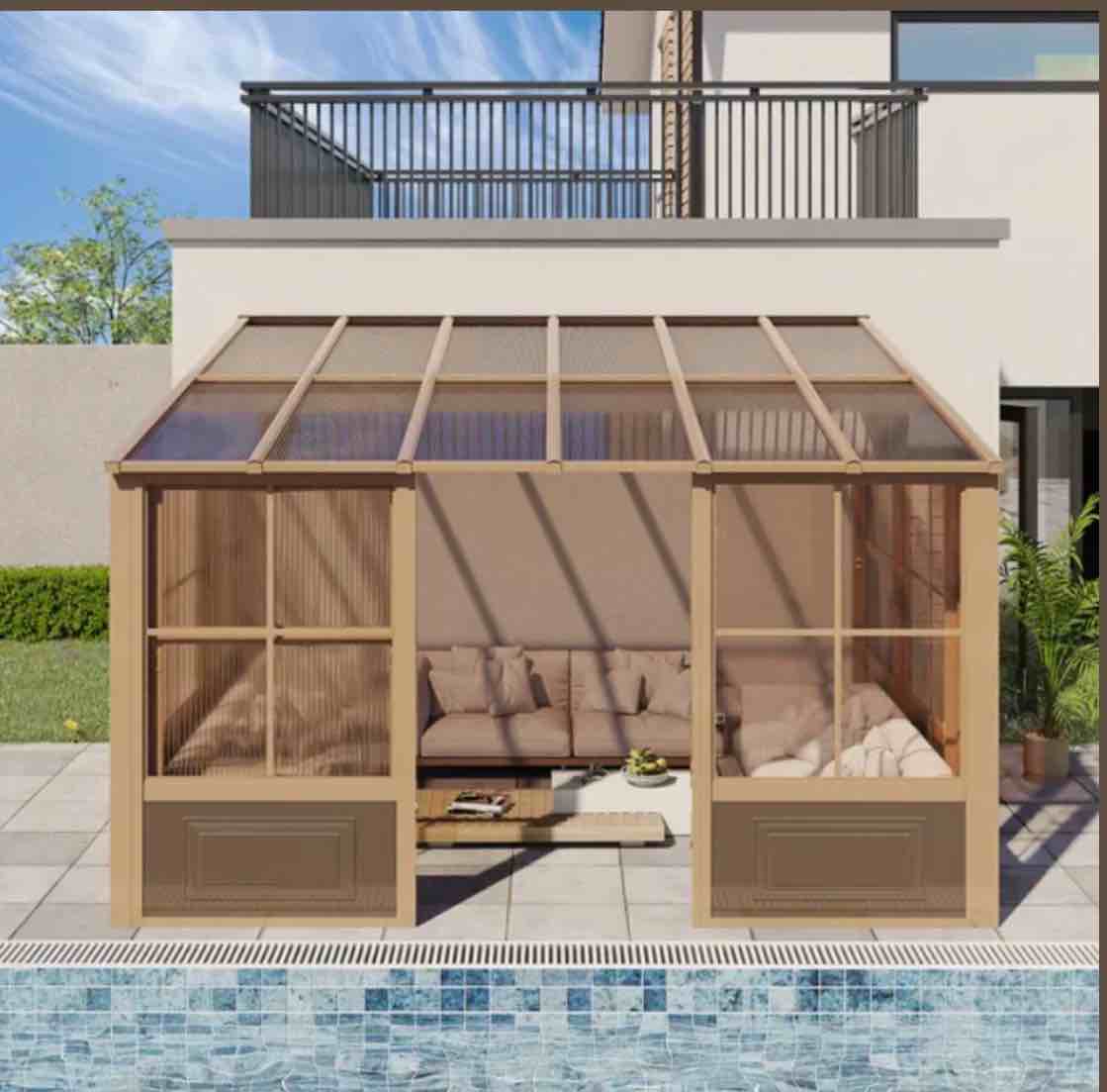 EROMMY 10X12 Wall Mounted Sunroom with Prefab 4-season Design – Brown SP-EY-US-WQG106BR